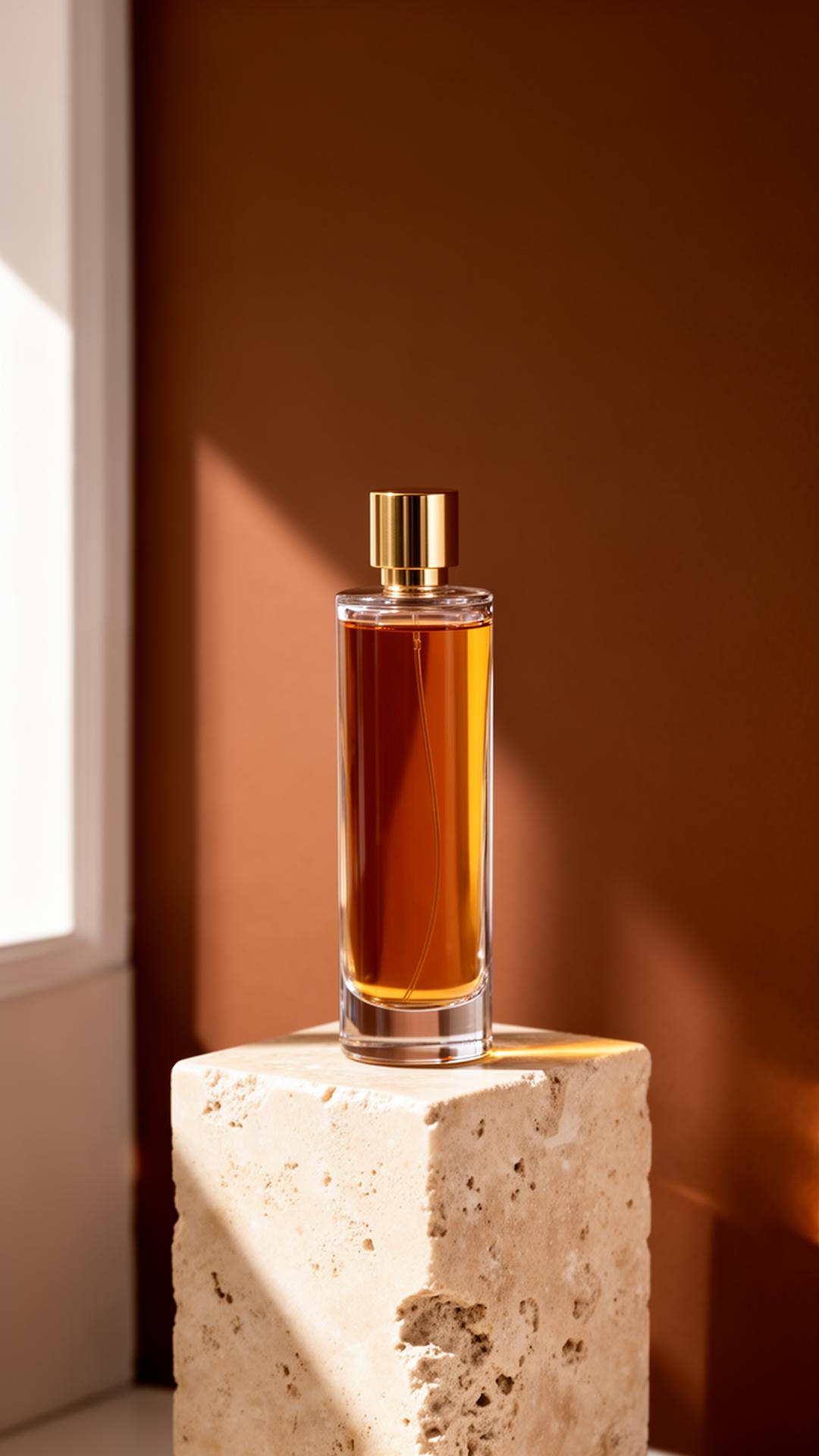 Alma signature amber bottle on a stone pedestal